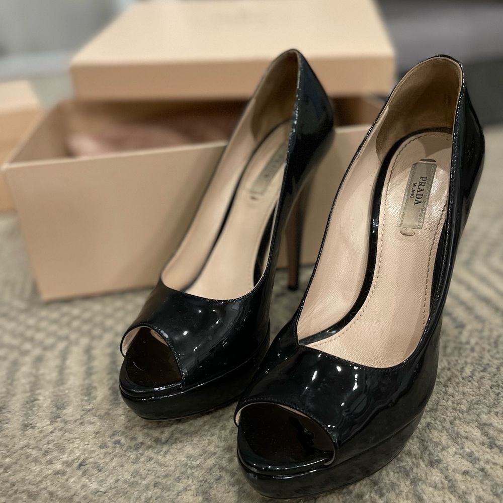 Prada patent leather peep toe pump
